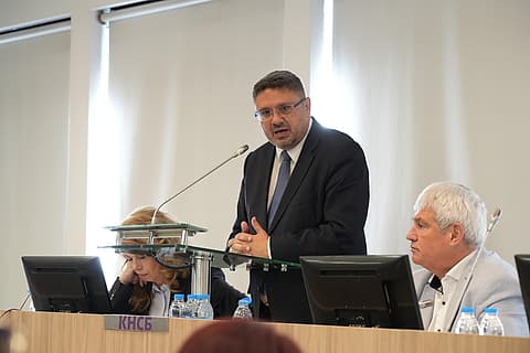 Кирил Вълчев говори на срещата с КНСБ